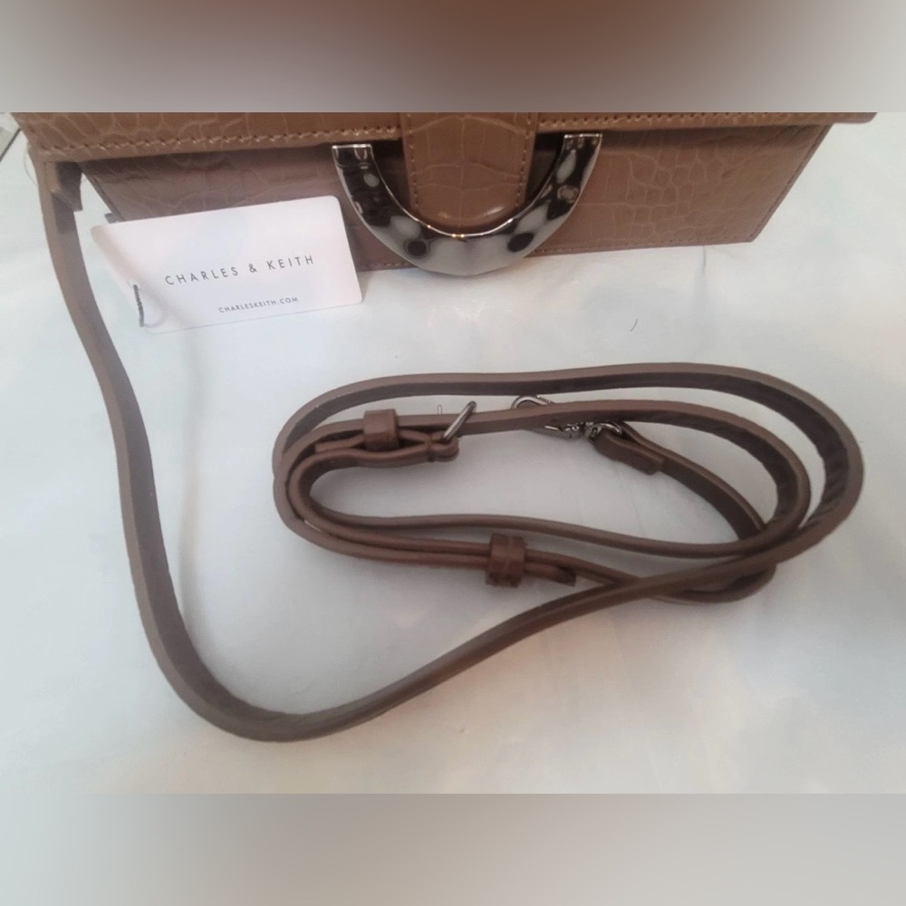 Charles & Keith Croc-Embossed Crossbody Bag in Brown Faux Leather & Dust Bag - Picture 13 of 16